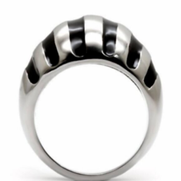 Stainless Steel Stripes Cocktail Ring Size 8 9 10 Silver Black Enamel Dome - Picture 4 of 9